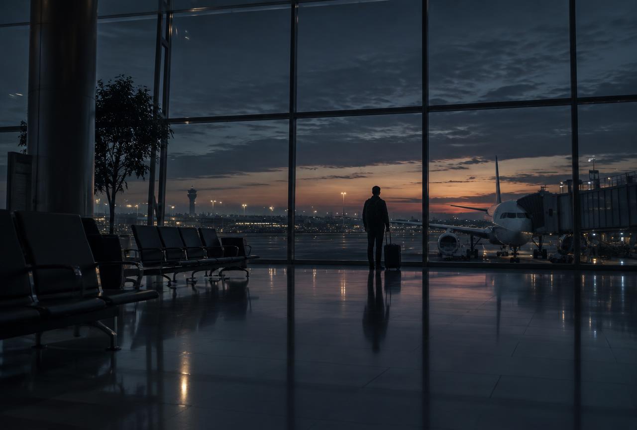 Terminal d'aéroport au crépuscule avec un voyageur et sa valise devant les baies vitrées