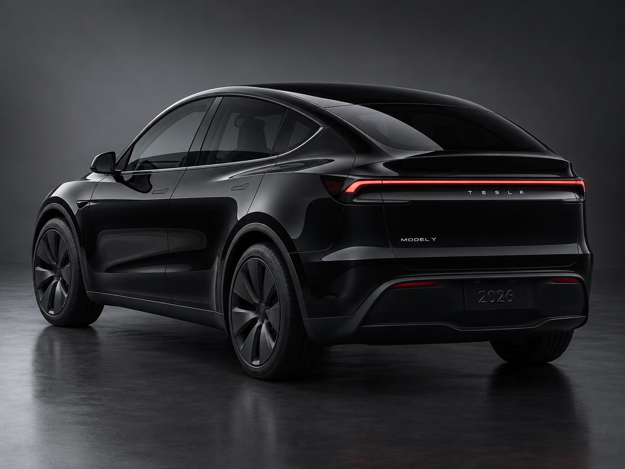 Tesla Model Y 2026 noire photographiée de trois quarts arrière en studio