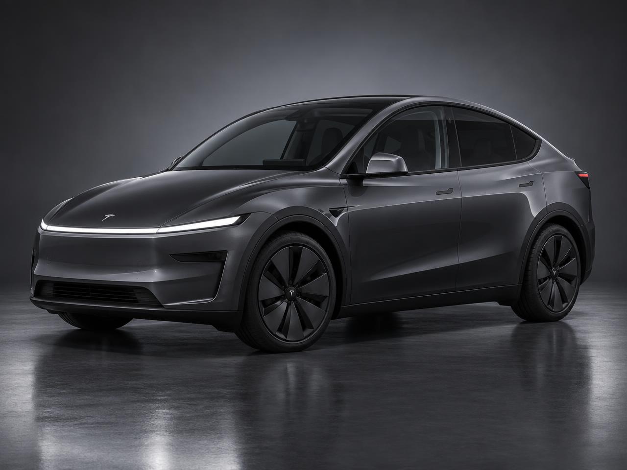 Tesla Model Y 2026 gris foncé photographiée en studio sur fond sombre
