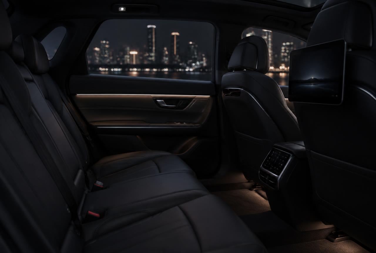 Intérieur épuré d'un véhicule électrique premium, éclairage d'ambiance allumé